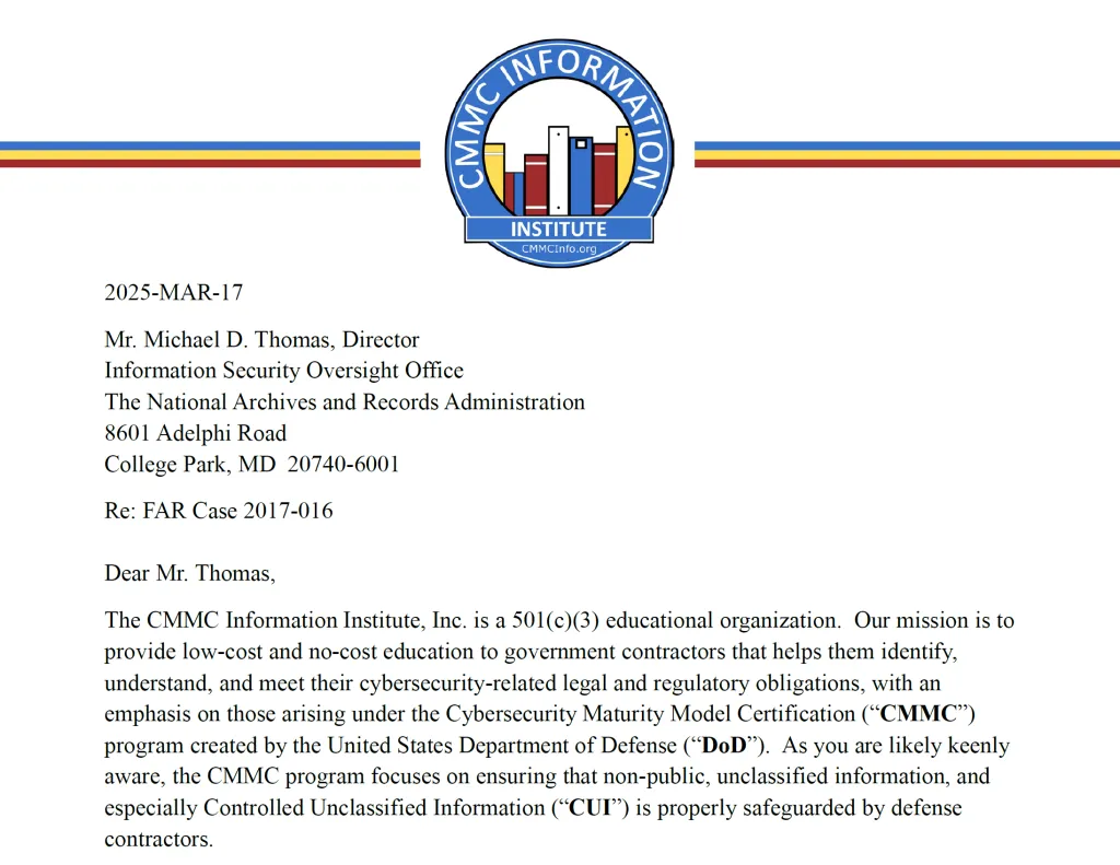 Screen shot of a letter to Mr. Michael Thomas, Director of the Information Security Oversight Office at NARA